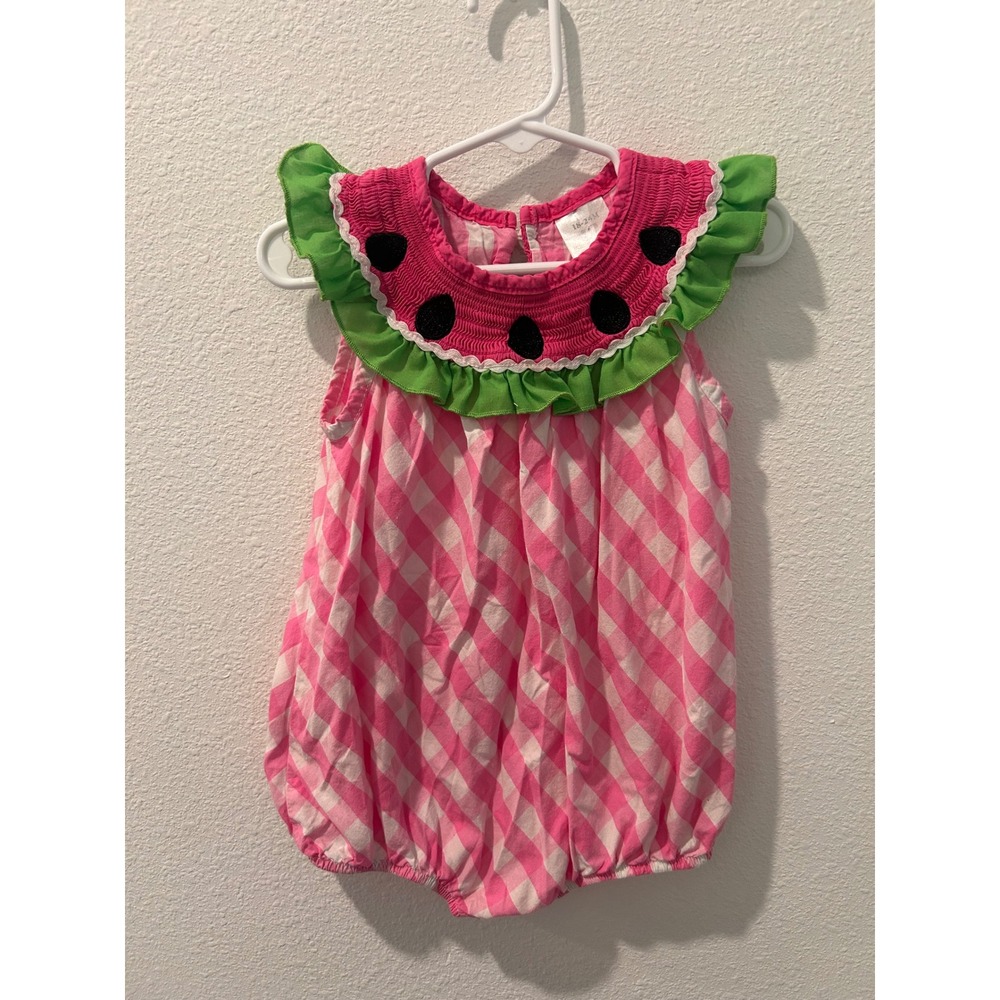 Pink Gingham Watermelon Smocked Bubble Romper Sunsuit 18-24M
